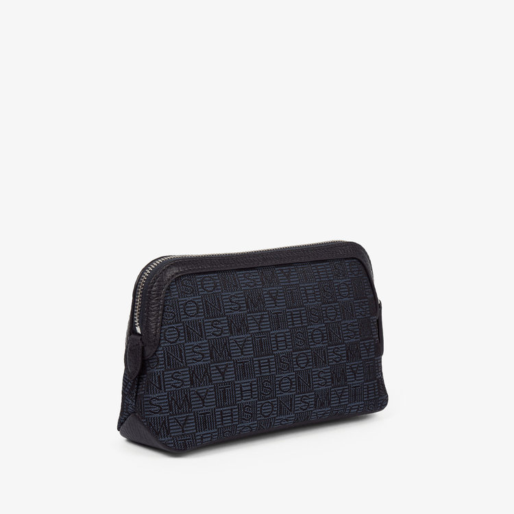Smythson Small Travel Pouch in Stamp Canvas NAVY