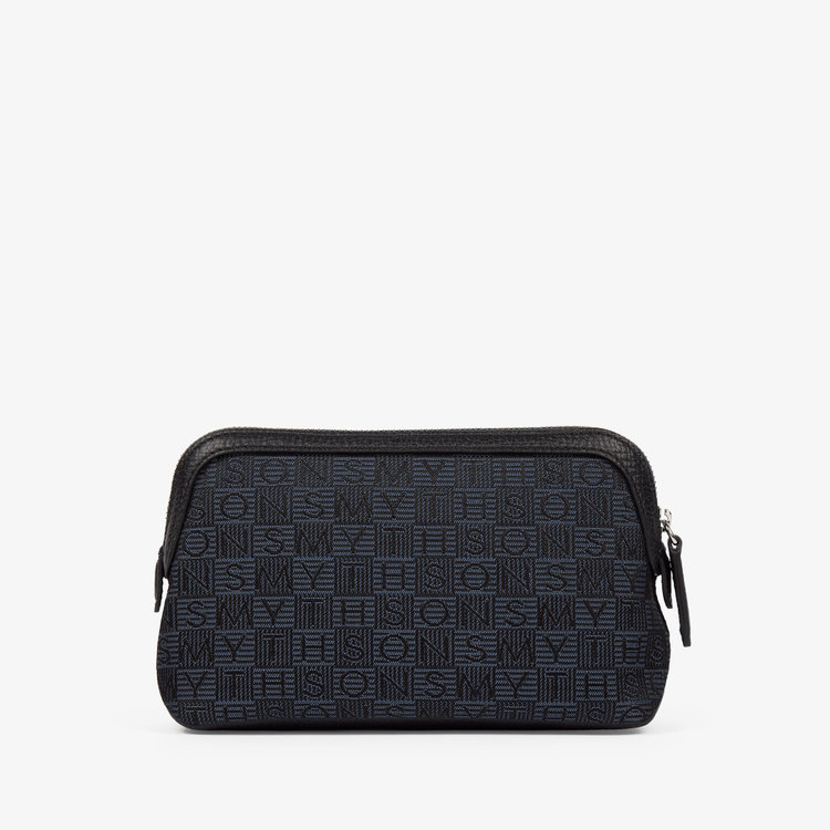 Smythson Small Travel Pouch in Stamp Canvas NAVY
