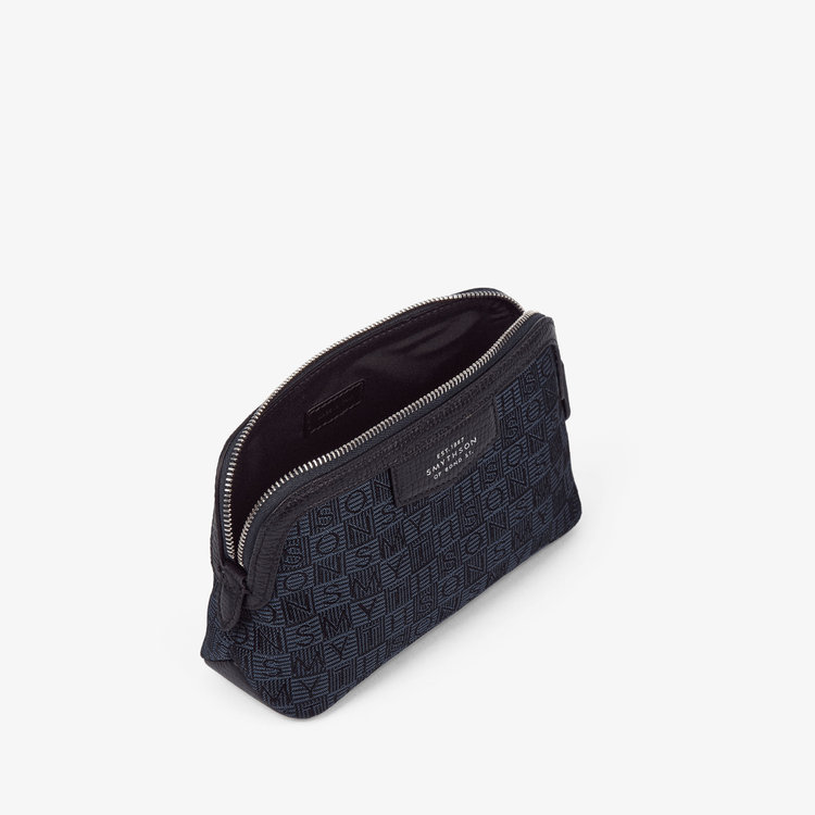 Smythson Small Travel Pouch in Stamp Canvas NAVY