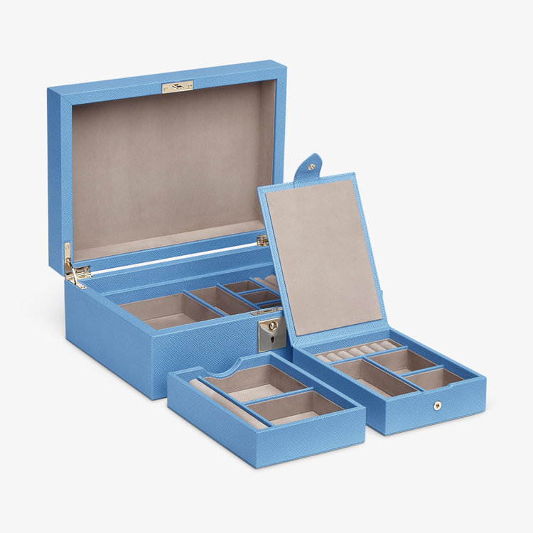 Smythson Panama Jewellery Box With Travel Tray NILE BLUE