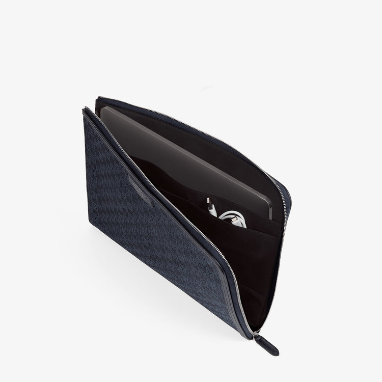 Smythson Small Laptop Case in Stamp Canvas NAVY