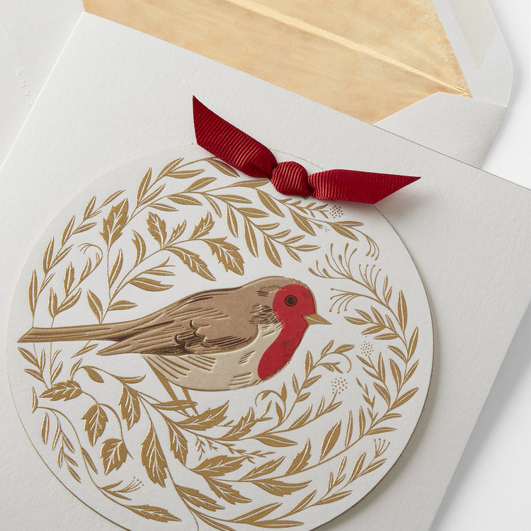 Smythson Christmas Gold Robin 1CE WHITE WOVE