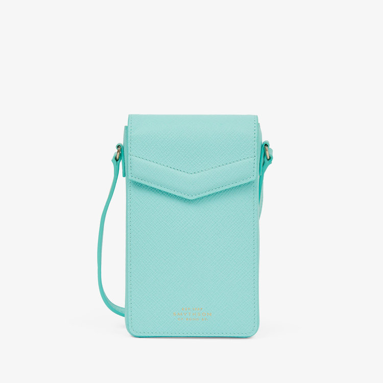 Smythson Panama Envelope Phone Case With Strap BRIGHT AQUA