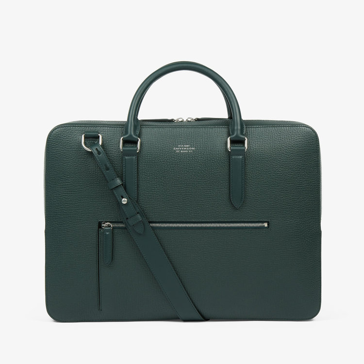 Smythson Ludlow Slim Brief Case Zip Front BOTTLE GREEN