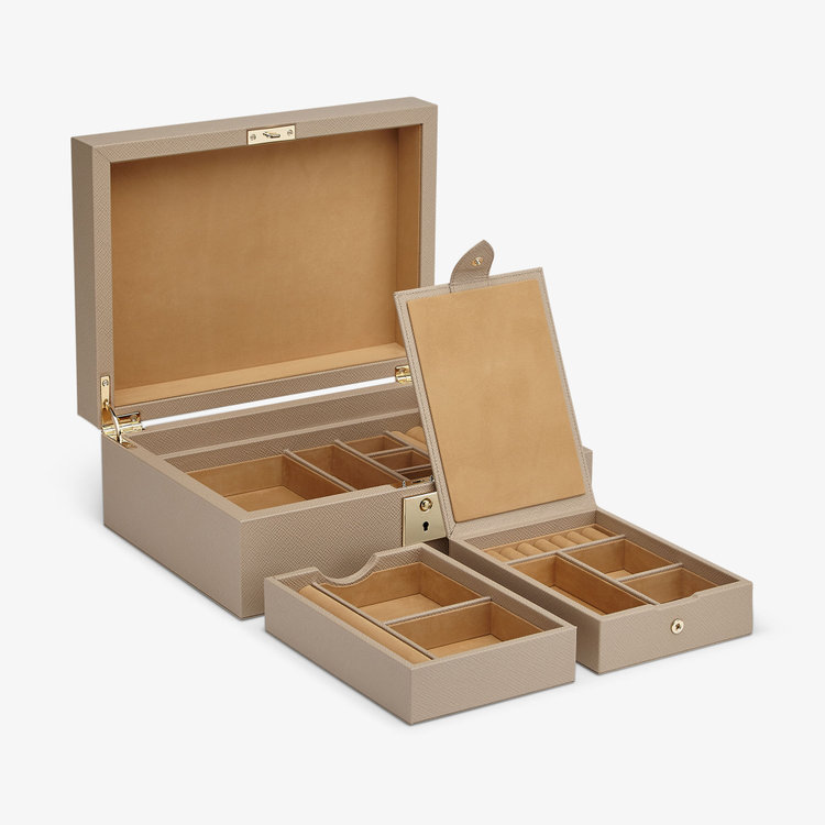 Smythson Panama Jewellery Box With Travel Tray SANDSTONE
