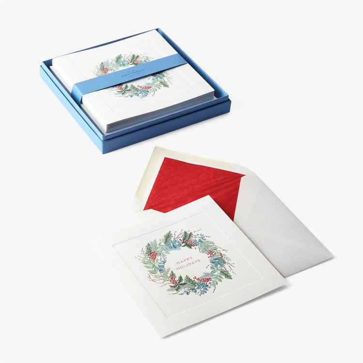 Smythson Wreath Christmas Card Set 10CE WHITE WOVE