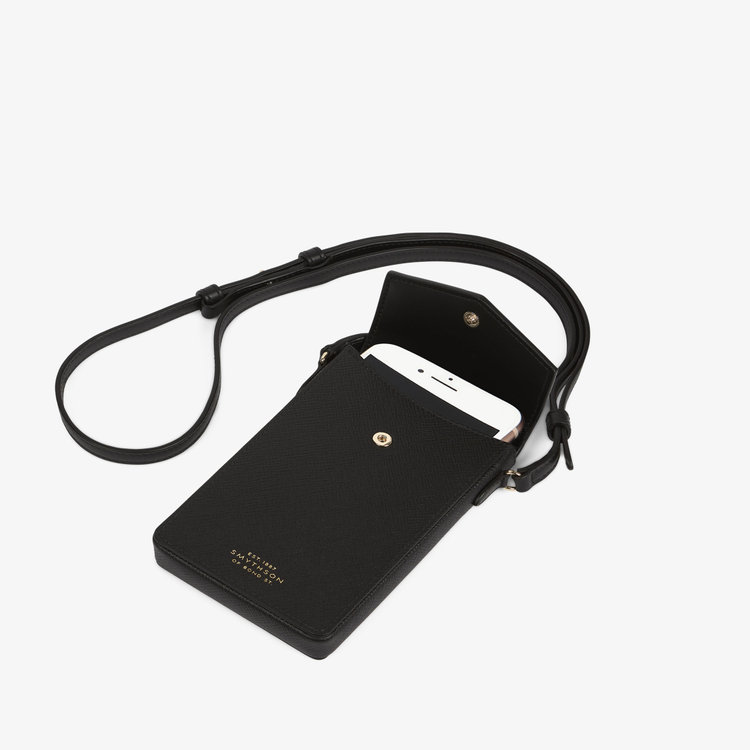 Smythson Panama Envelope Phone Case with Strap BLACK