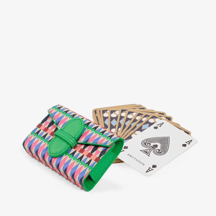 Smythson Single Playing Cards Case in Panama Harlequin FLAMINGO