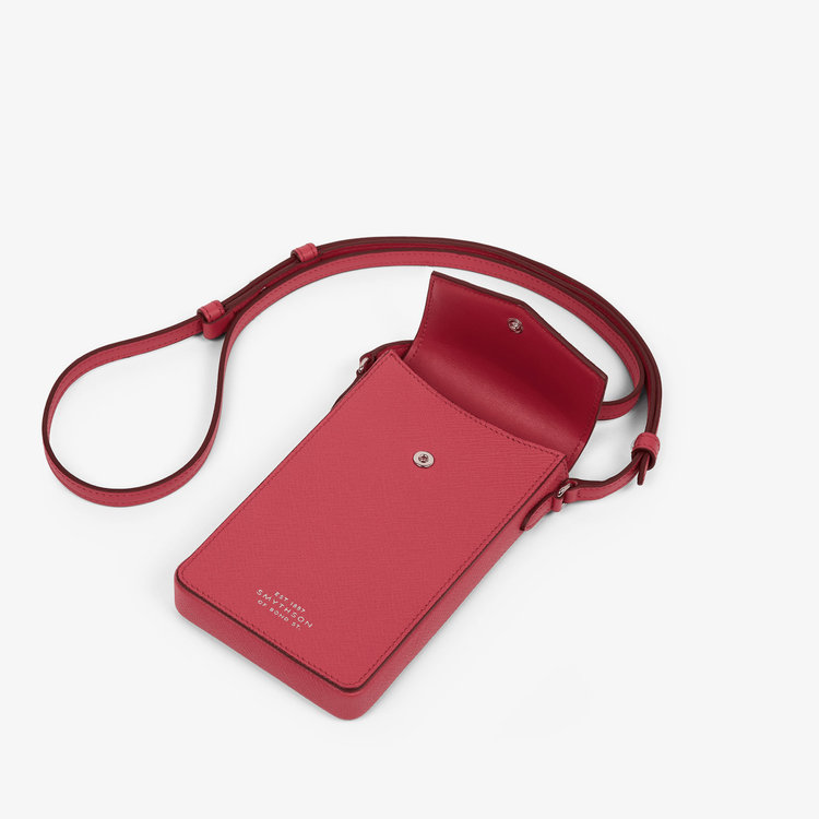 Smythson Panama Envelope Phone Case with Strap RASPBERRY
