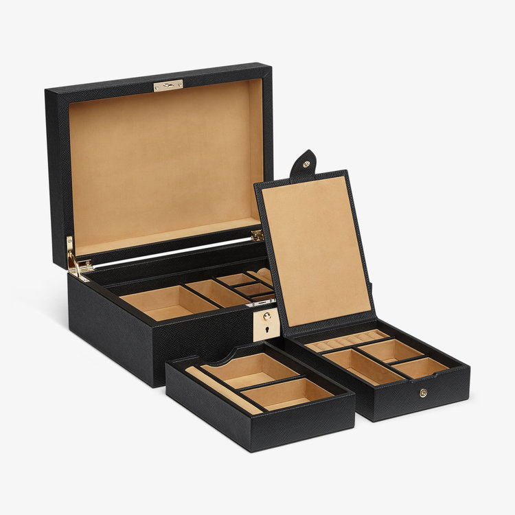Smythson Panama Jewellery Box With Travel Tray BLACK