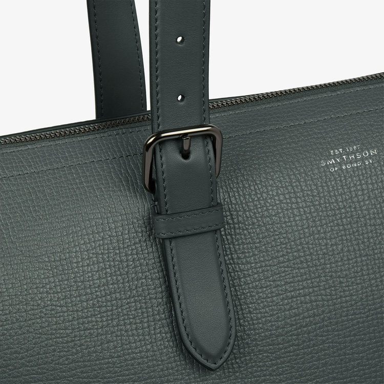 Smythson Travel Tote Bag with Zip in Ludlow SLATE GREEN
