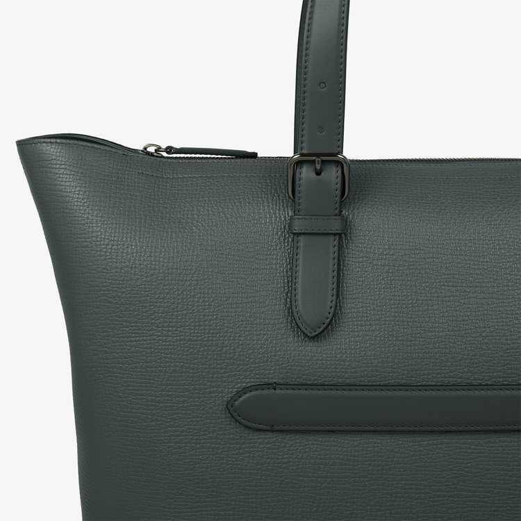Smythson Travel Tote Bag with Zip in Ludlow SLATE GREEN