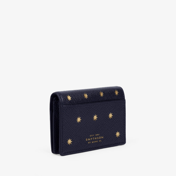 Smythson Folded Card Case with Snap Closure in Panama Stars NAVY