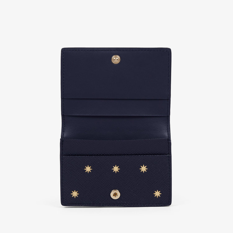 Smythson Folded Card Case with Snap Closure in Panama Stars NAVY